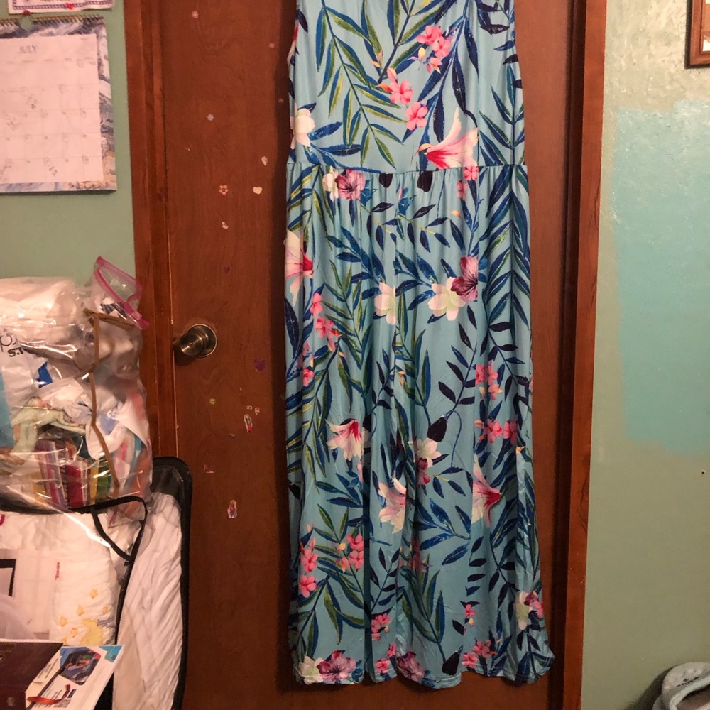 NIB Love You Dear Turquoise & Green Floral V Neck Palazzo Sleeveless Jumpsuit - Picture 4 of 10